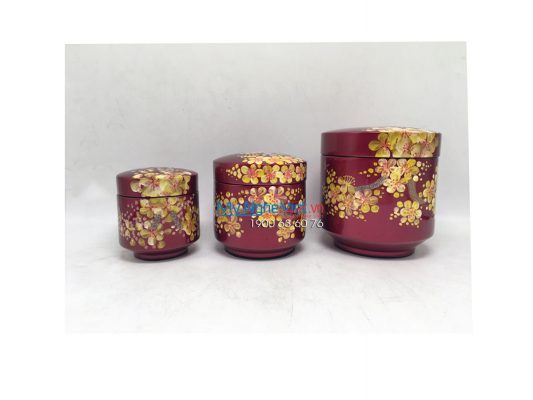 Bộ 3 hũ trà nền đỏ vẽ hoa mai vàng MNV-QT02-2