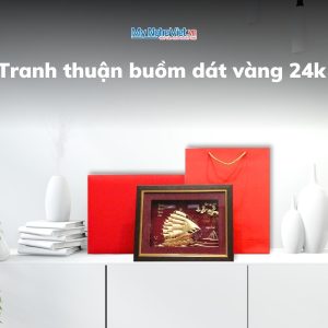 Tranh thuận buồm dát vàng để bàn 24k 26x33cm + Hộp xilot đỏ - MNVHD04.6